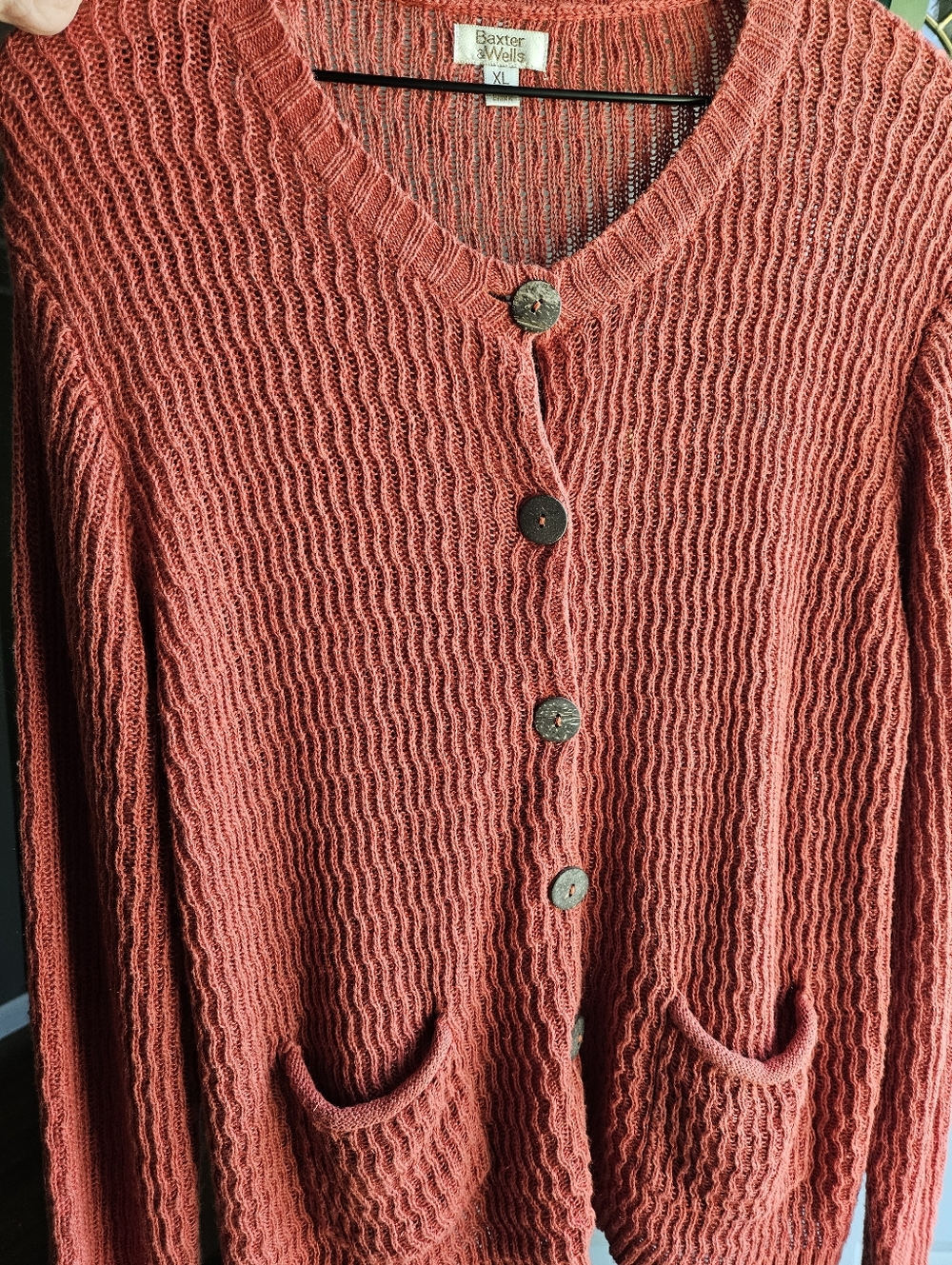 Baxter & Wells XL Ramie Cotton sweater cardigan burnt orange crochet knit button - Picture 16 of 16